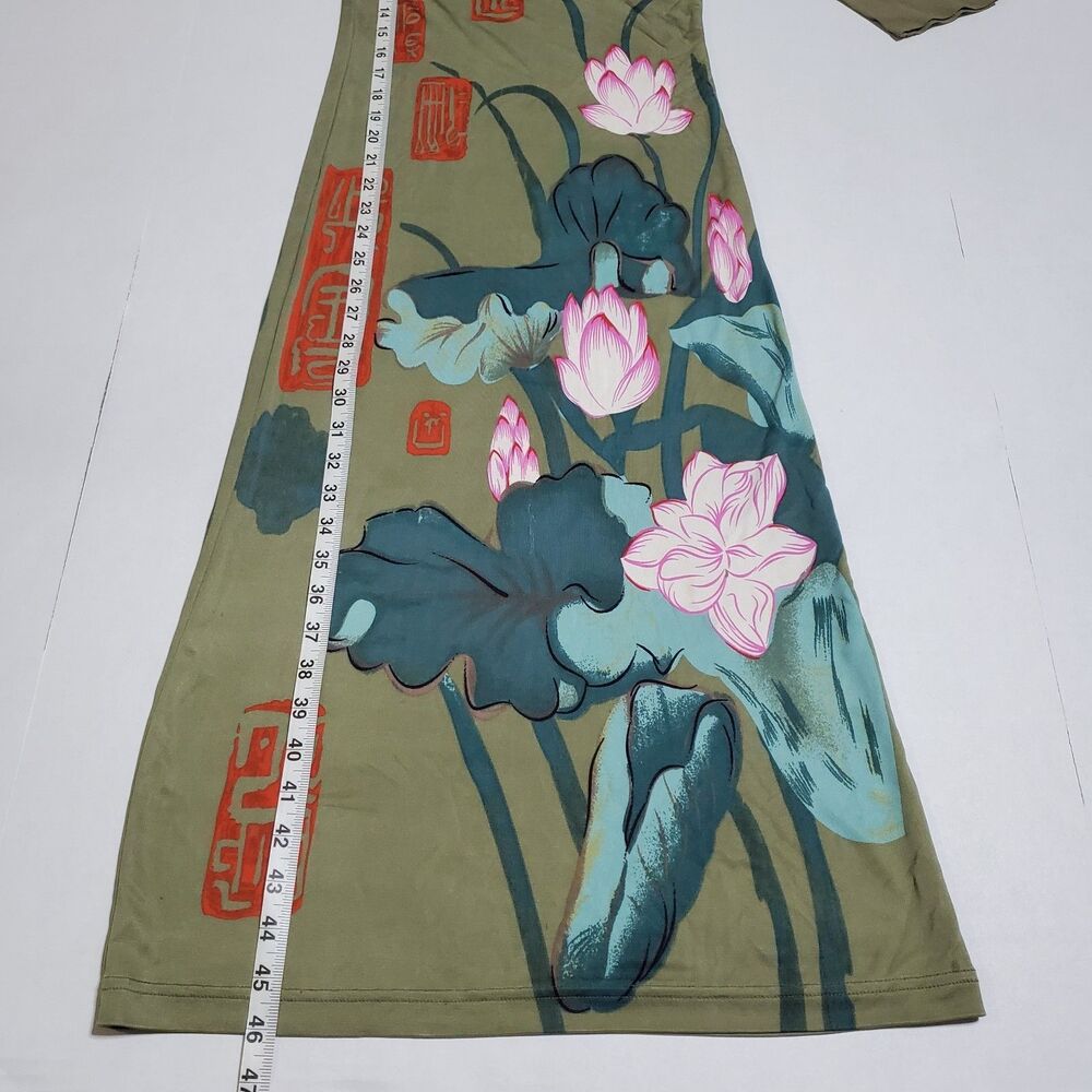Illig Vintage 100% Silk Midi Dress Size M Y2K Asian Lotus Print Kanji Womens - Picture 9 of 11